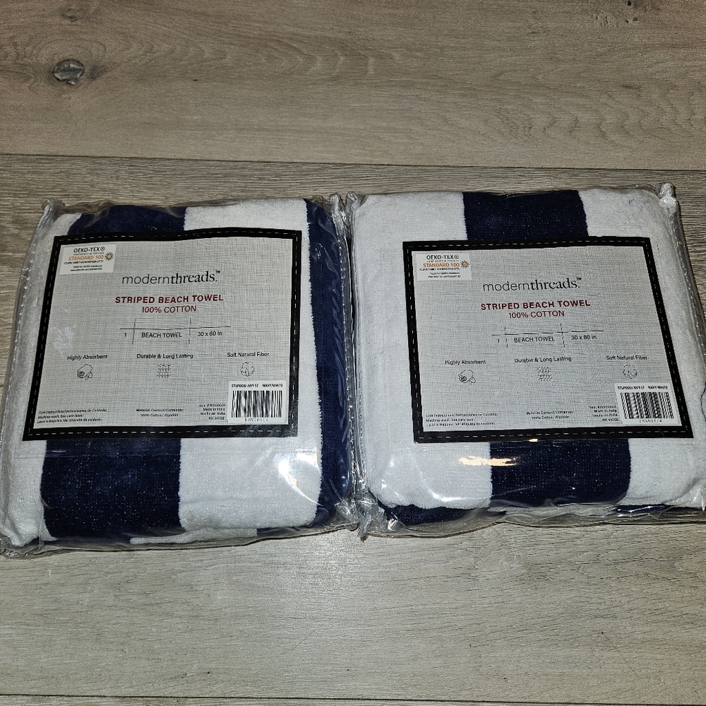 Modern Threads Striped Beach Towels Navy/White Lot Of 2 30"x60" NIP
